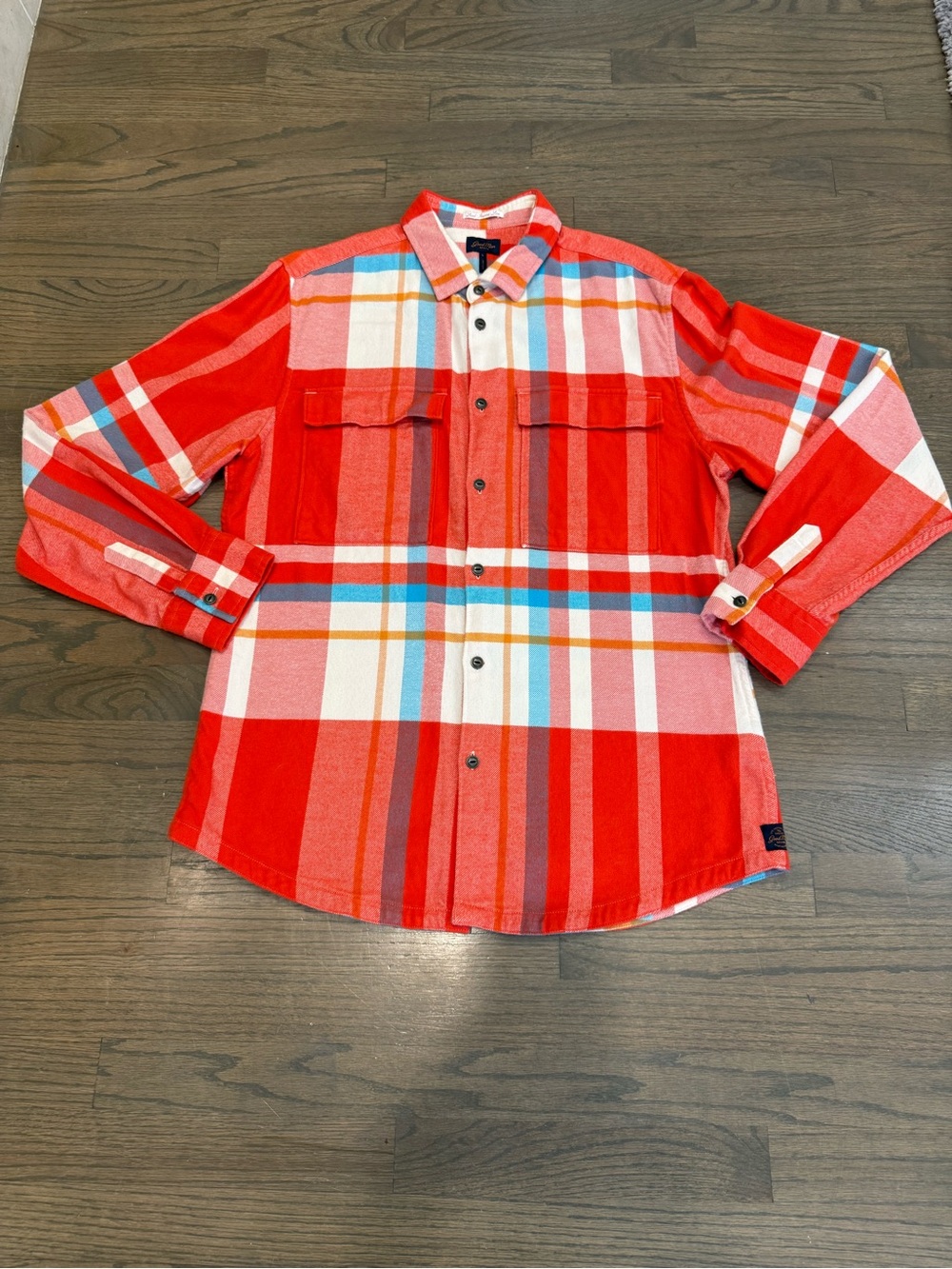 Good Man Brand Red Plaid Button-Down Shirt with Blue and White Stripes